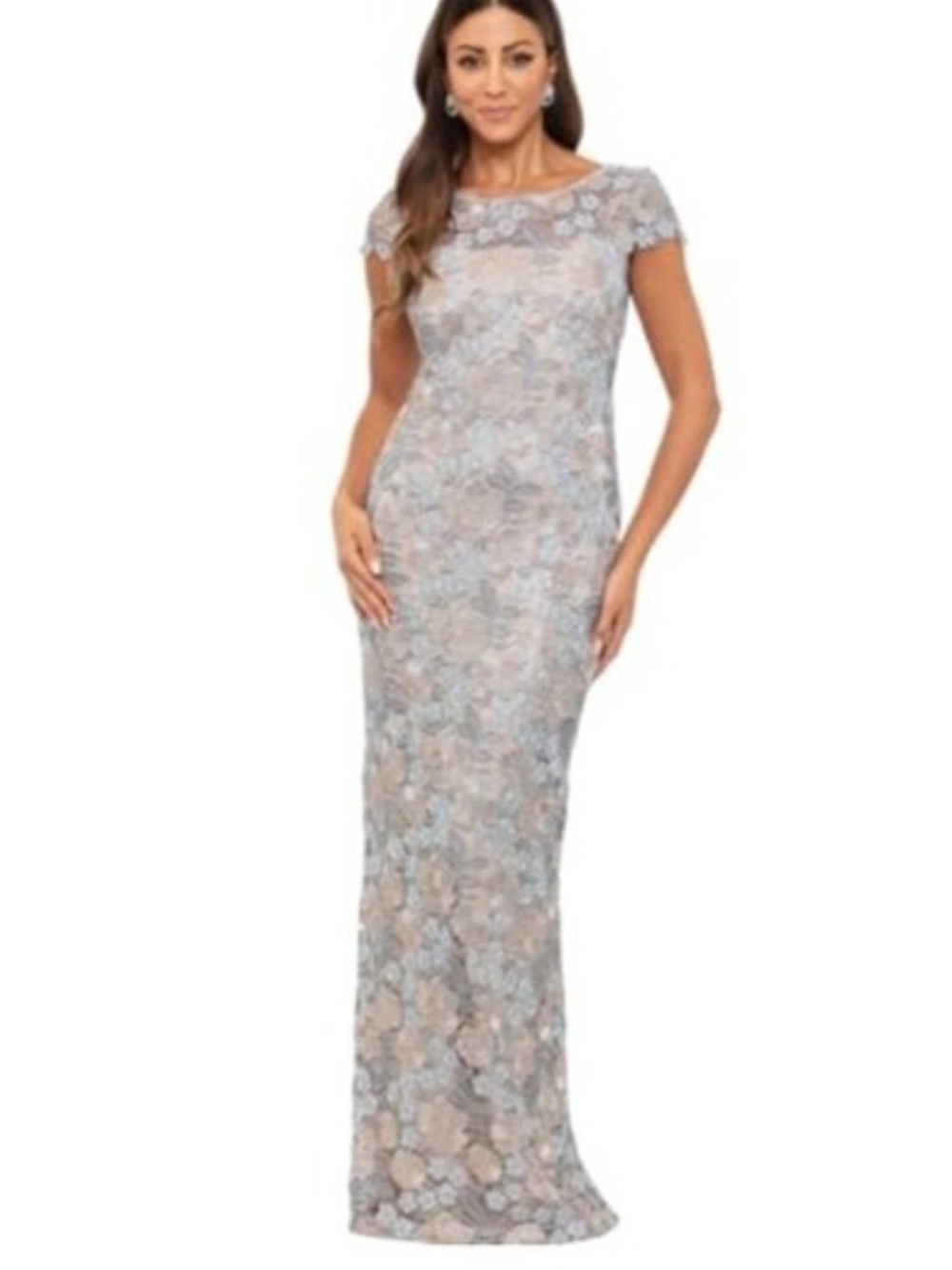 Floral Lace Maxi Dress in Light Blue and Cream